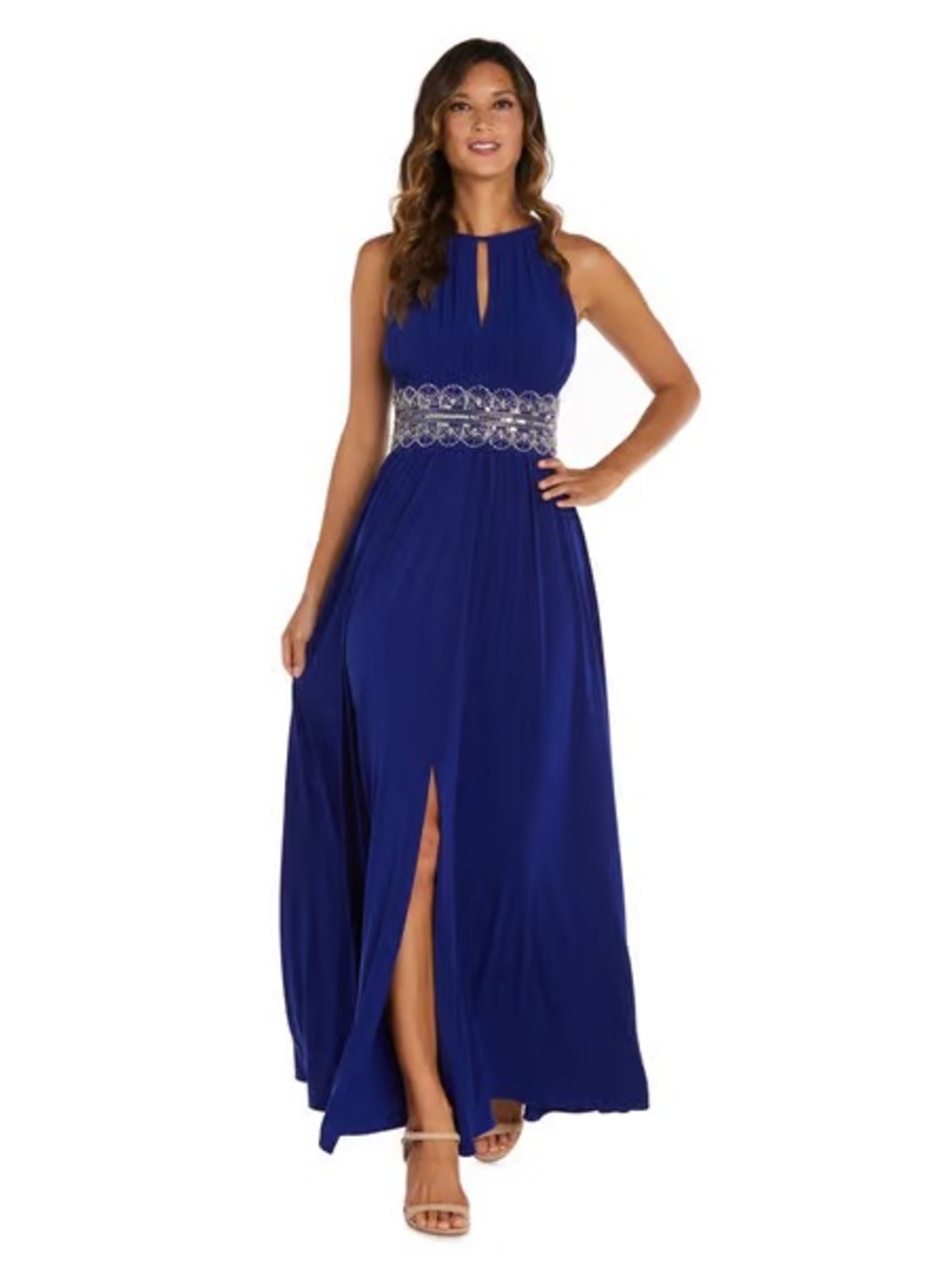 R&M Richards Sleeveless Long Gown with Beaded Waist in Royal Blue | 14P
